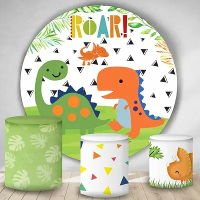Aperturee Little Cute Dinosaur Round Happy Birthday Backdrop Kit | Circle Background For Party | Round Backdrop Cover Diy | C...