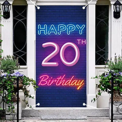 Neon Light Brick Wall Happy 20Th Birthday Door Cover - Aperturee