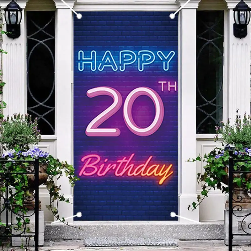 Neon Light Brick Wall Happy 20Th Birthday Door Cover - Aperturee