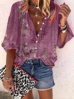 Women's Floral Print Button Front Blouse, Boho Casual Bishop Sleeve Stand Collar Top for Daily Holiday Vacation Wear, Ladies ...