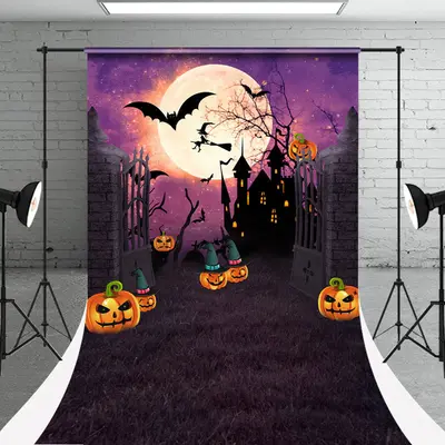 Moon Castle Pumpkin Halloween Photo Sweep Backdrop - Aperturee