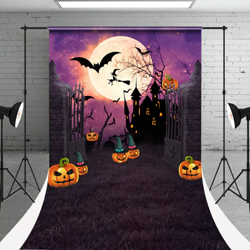 Moon Castle Pumpkin Halloween Photo Sweep Backdrop - Aperturee