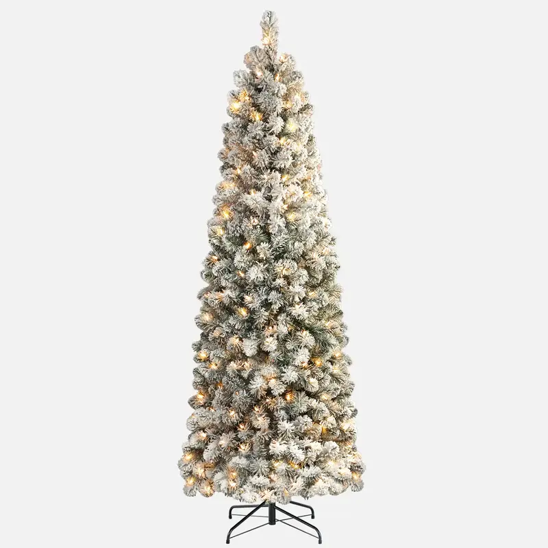 SHareconn 2025 4/5/6/7.5/9FT Pre-lit Snow Flocked Slim Christmas Tree with Warm White Lights & Dense Snow Flocked Branches, I...