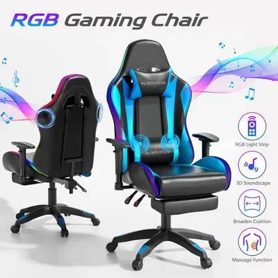 【Wider Seat】Mr IRONSTONE Gaming Chair with Speakers and Rgb Lighting Ergonomic Massage Computer Gaming Chair with Broaden...