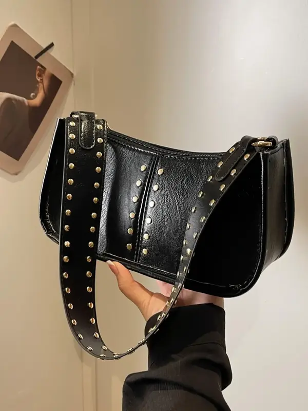 Women's Fashionable All-match Studded Decorated Shoulder Bag, New Trend Baguette Bag, Simple Plain Pu Leather Zipper Underarm...