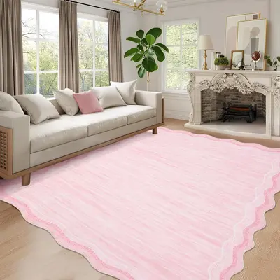 Garvee Solid Color Living Room Rug 8x10 Scalloped Accent Rug with Non-Slip Backing, Stain-Resistant Low Pile Floor Cover, Sof...