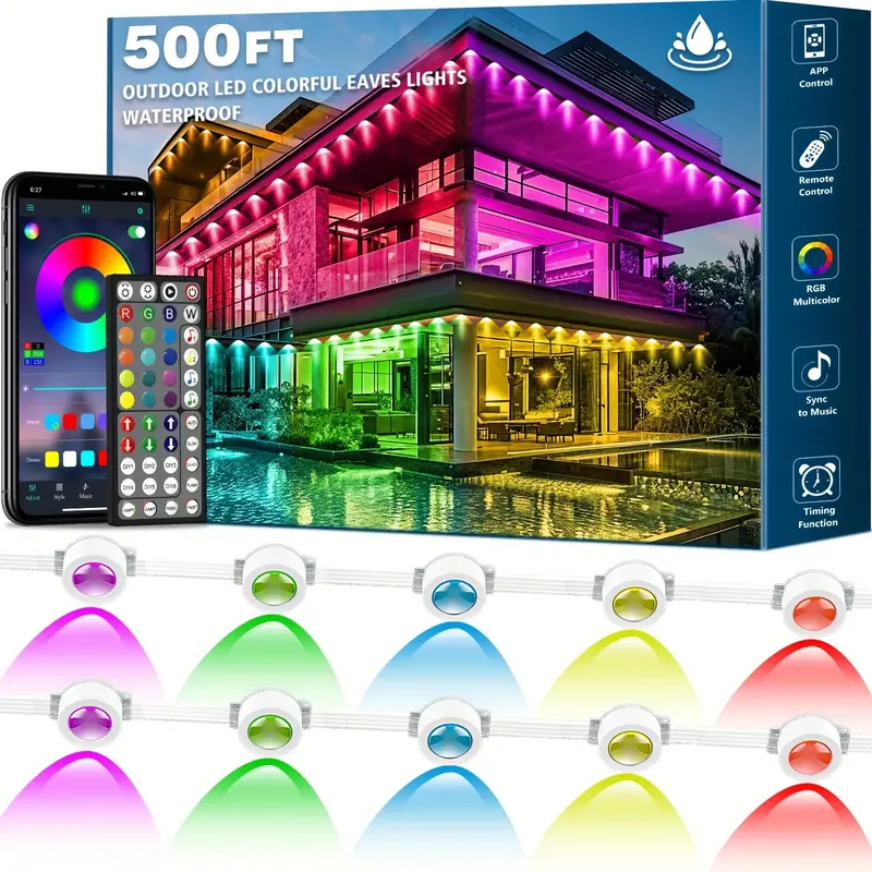 500 Feet, 250 Bulbs IP67 Waterproof RGB Outdoor LED Permanent Light, Comes with App and Remote Control, Best Choice for Party...