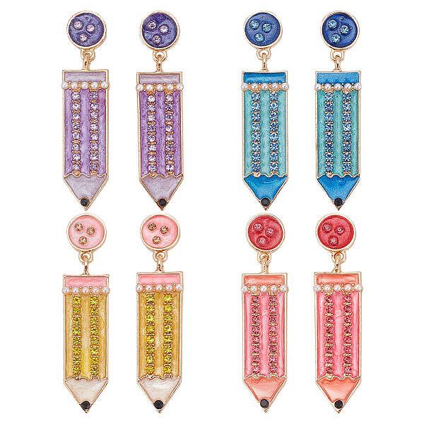 4 Pairs 4 Colors Alloy Enamel Pencil Dangle Stud Earrings for Teachers' Day