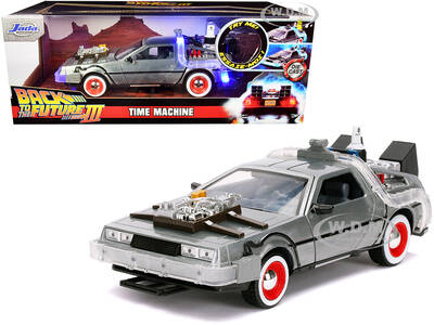 DeLorean Brushed Metal Time Machine with Lights Back to the Future Part III (1990) Movie Hollywood Rides Series 1/24 Diecast ...
