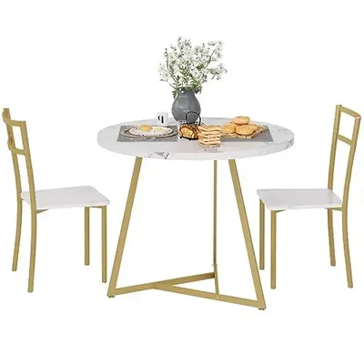 Garvee Round Dining Table Set for 2, Modern Kitchen Table Chairs, Wood-Grained MDF, Metal Frame, Space-Saving, Ideal for Smal...