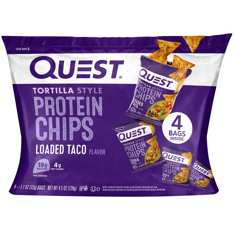Quest Loaded Taco Tortilla Style Protein Chips, Low Carb, High Protein, 4.5 oz, 4 Ct - Snack, Crunchy
