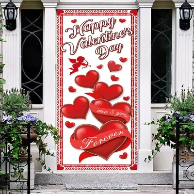 Aperturee White Red Hearts Happy Valentines Day Door Cover | Unique Door Decorations | Door Decoration Ideas For Home | Door ...