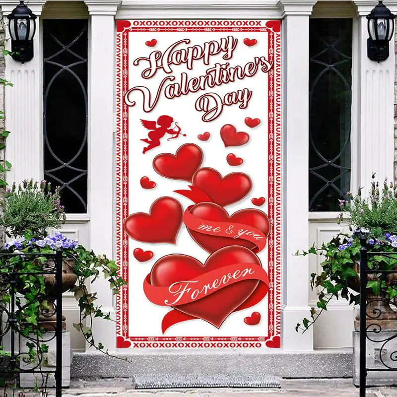 Aperturee White Red Hearts Happy Valentines Day Door Cover | Unique Door Decorations | Door Decoration Ideas For Home | Door ...