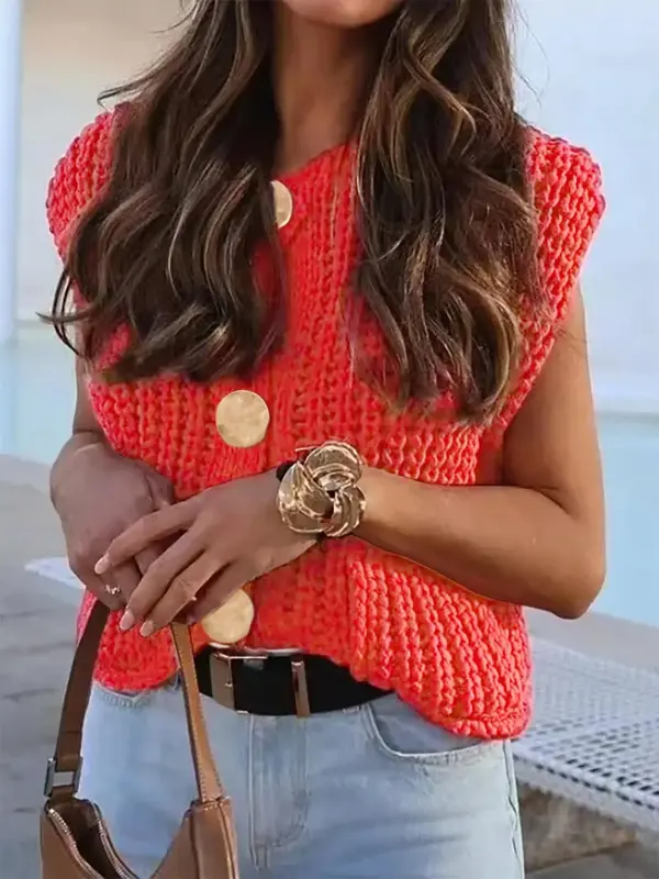 Women's Plain Button Front Pocket Sweater Vest, Casual Sleeveless Round Neck Knitwear for Spring, Fashion Women's Knit Clothi...