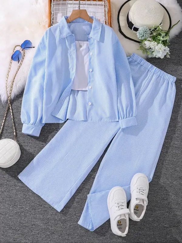 Two-Piece Set Girl's Striped Print Button Front Shirt & Pants Set, Elegant Casual Collared Top & Trousers for Daily Outdoor W...