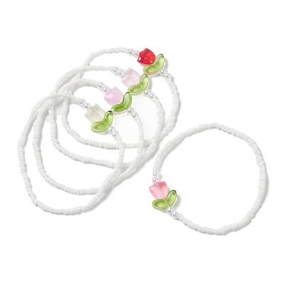 Glass Seed & Lampwork Tulip Beaded Stretch Bracelet