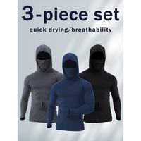 Set Of 3 Men'S Moisture-wicking Windproof Hooded Long-sleeve Sportswear With Attached Face Mask, Suitable For Outdoor Activit...
