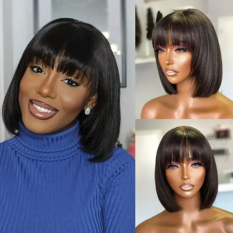 Ashimary Straight Short Bob With Bangs 10 12 Inch HD Transparent Lace Human Hair