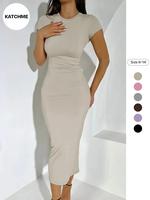 Women's Solid Round Neck Bodycon Dress, Casual Short Sleeve Sundress Midi Dress for Daily Outdoor Wear, Dress for Women, Lad...