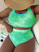 【Plus Size】 Two-piece Set Women's Tie Dye Highlight Contrast Binding Tankinis Set, Chic U Neck Swim Top & High Waist Swim...