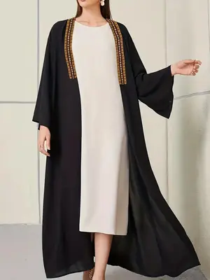 Arabic Clothing-Ethnic Pattern Contrast Trim Abaya, Islamic Women Loose Long Cardigan, Black Long Sleeve Open Front Kimono Ab...
