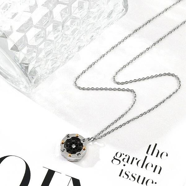 304 Stainless Steel Clear Cubic Zirconia Compass Pendant Cable Chain Necklaces for Women