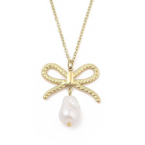 304 Stainless Steel & Plastic Pearl Bowknot Pendant Cable Chain Necklaces