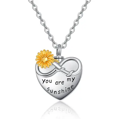 Sterling Silver Two-Tone Circular Cubic Zirconia Sunflower & Heart Infinity Symbol Pendant Necklace With Engraved Word For Wo...