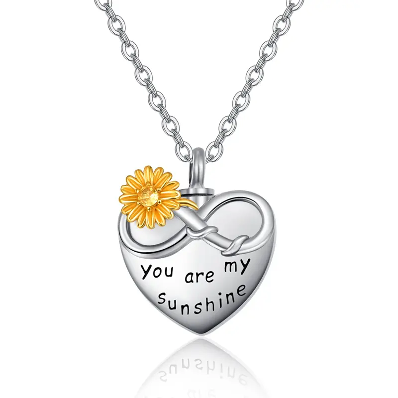 Sterling Silver Two-Tone Circular Cubic Zirconia Sunflower & Heart Infinity Symbol Pendant Necklace With Engraved Word For Wo...
