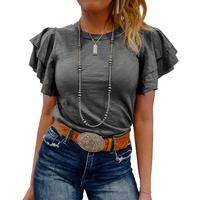Shewin Fashion Casual Women Comfort Womenswear Summer Western Dark Grey Basic Crewneck Ruffle Short Sleeve Plain Blouses T Sh...