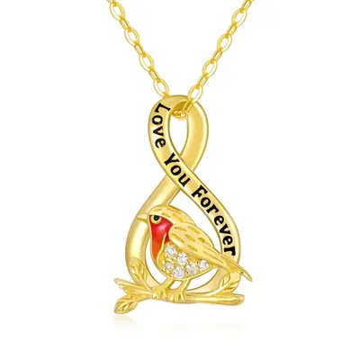 9K Gold Cubic Zirconia Bird & Infinity Symbol Pendant Necklace with Engraved Word