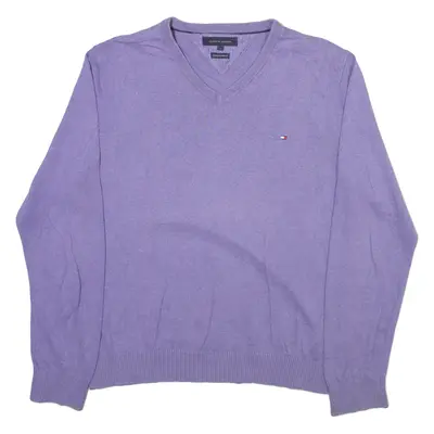 TOMMY HILFIGER Mens Jumper Purple V-Neck Tight Knit L