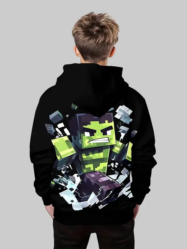 Boys' Fashion 3D Print Hoodie Sweatshirt, Casual Long Sleeve Pullover with Pockets, Stretch Polyester Blend, Ideal for Daily ...