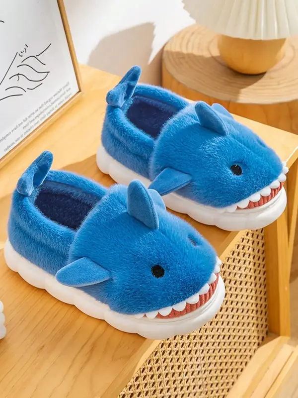 Men's Cute Shark Design Slippers, Cartoon Animal Design Plush Bedroom Slippers, Warm & Cozy Home Slippers for Fall & Winter W...