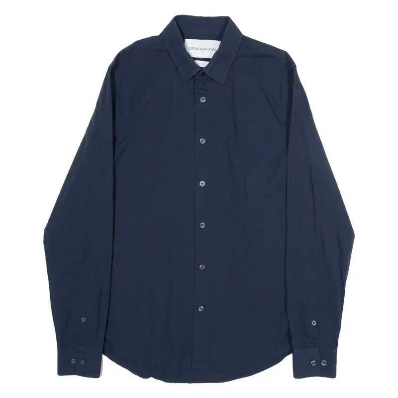 CALVIN KLEIN JEANS Slim Fit Mens Plain Shirt Blue Long Sleeve S