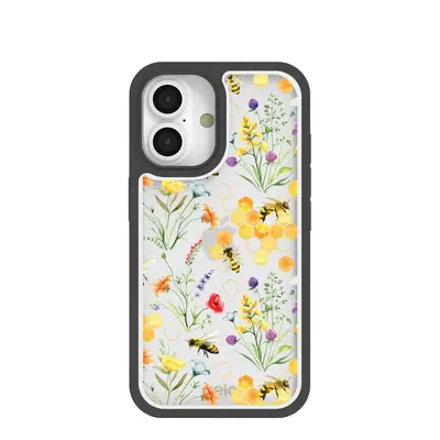 Clear Sweet Bees iPhone 16 Case With Black Ridge
