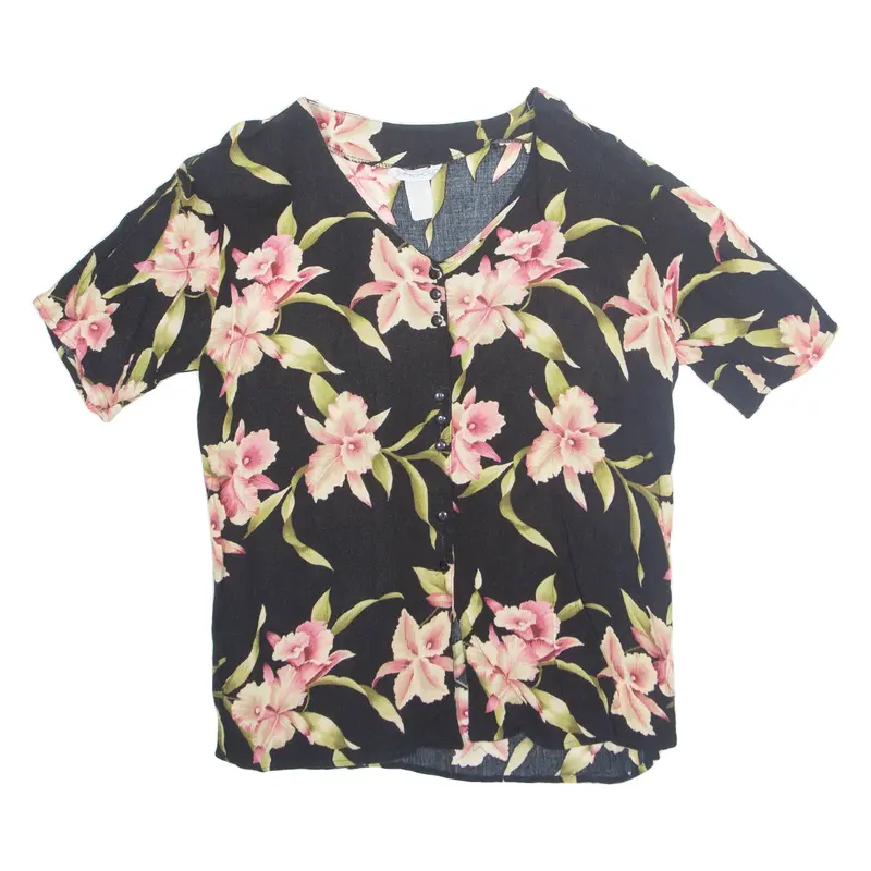 Womens Printed Top Black V-Neck Floral L