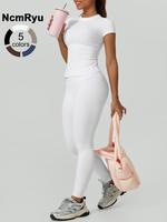 Two piece women's sports suit with solid color round neck high elasticity tight fitting short sleeved pants high waist and hi...