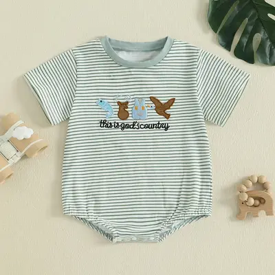 Newborn Baby Boys Rompers Letter Animals Embroidery Stripe Short Sleeve Summer Clothes Bodysuits Jumpsuits