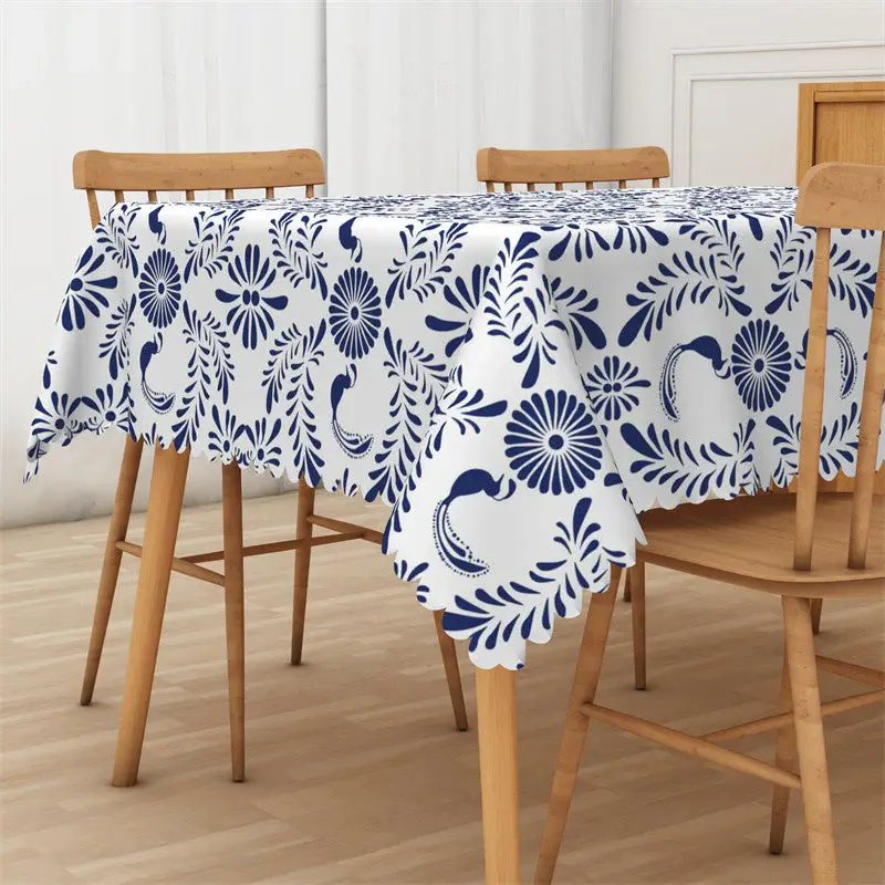 Repeat Blue Floral Leaf Pattern Rectangle Tablecloth - Aperturee