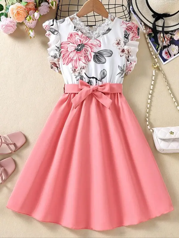 Girls' Floral Patchwork Lace Cap Sleeves Belted A-Line Dress, Butterfly Sleeve Round Neck Dress for Party Wedding Guests, Kid...