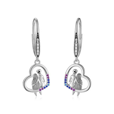 Sterling Silver Round Cubic Zirconia Heart & Skull Lever-back Earrings