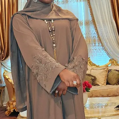 Gray Abaya with Detailed Sleeves - Elegant Design Featuring Intricate Embellishments