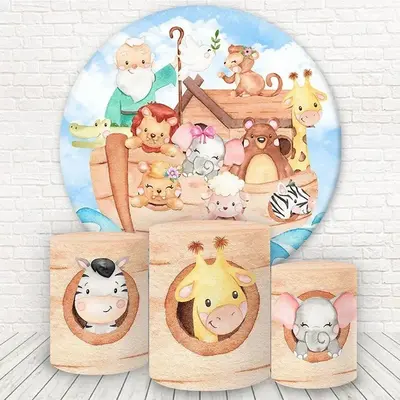 Aperturee Wood Boat And Cute Animals Round Birthday Backdrop Kit | Custom Circle Backdrop Birthday | Round Party Backdrop | R...