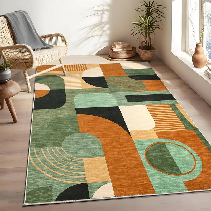 Garvee 4x6 Washable Boho Geometric Rug for Bedroom & Living Room, Soft Low Pile Polyester, Non-Slip TPR Backing, Durable & Ma...