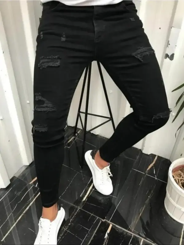 Men's Ripped Pocket Skinny Jeans, Casual Comfy Regular Fit Button Fly Denim Pants for Daily Wear, Fashion Men's Bottoms for A...
