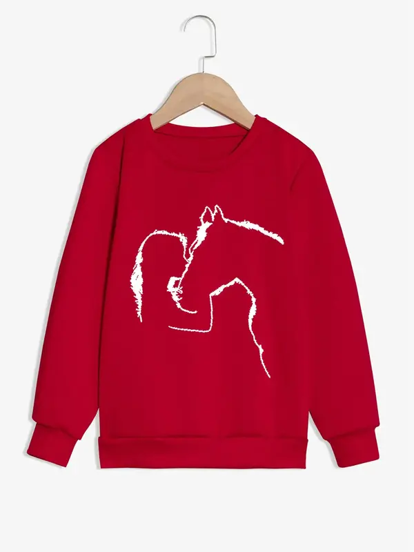 Girl's Horse Print Drop Shoulder Sweatshirt, Casual Long Sleeve Round Neck Pullover for Spring & Fall, Kids Clothes for Daily...