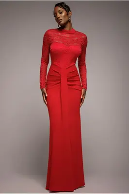 Goddiva Lace High Neck Sheer Bodice Long Sleeve Maxi Dress - Red