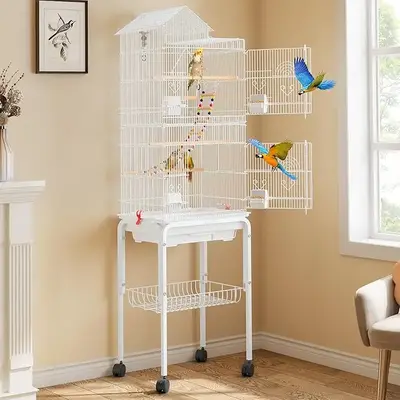 DWVO 62 inch Metal Bird Cage, Large Parakeet Cages for Parrot, Cockatiel, Lovebird, Pigeon with Roof Top, White