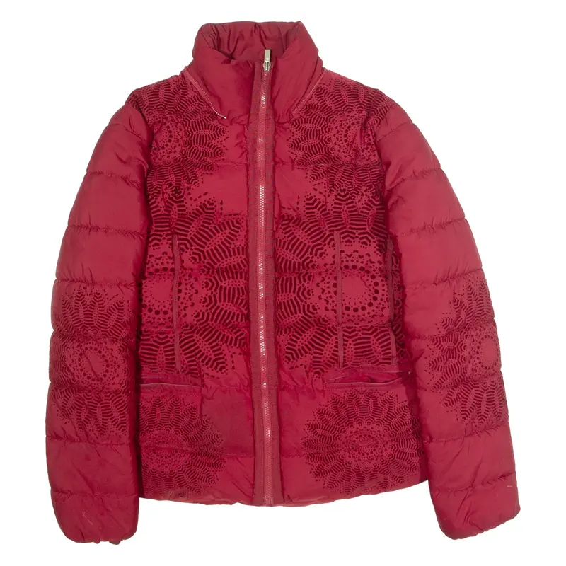 DESIGUAL Womens Puffer Jacket Red Floral UK 16